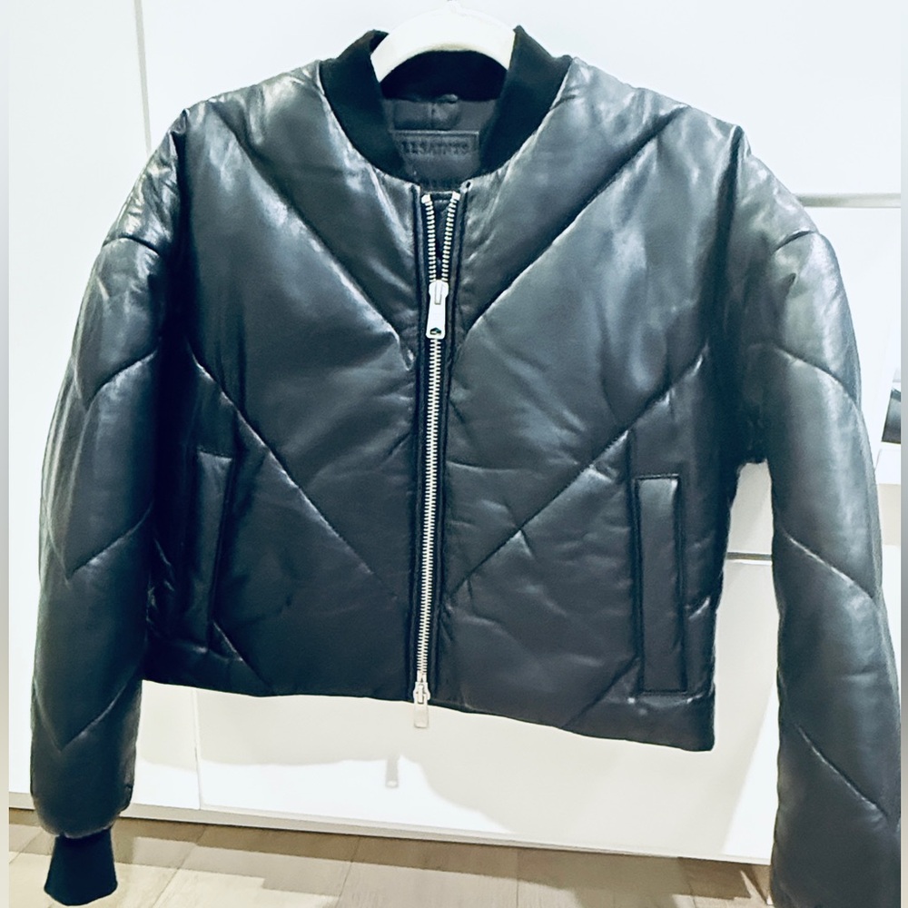 All Saints Lamb Leather Bailey Puffer Jacket - black / boxy oversized fit - Picture 11 of 13
